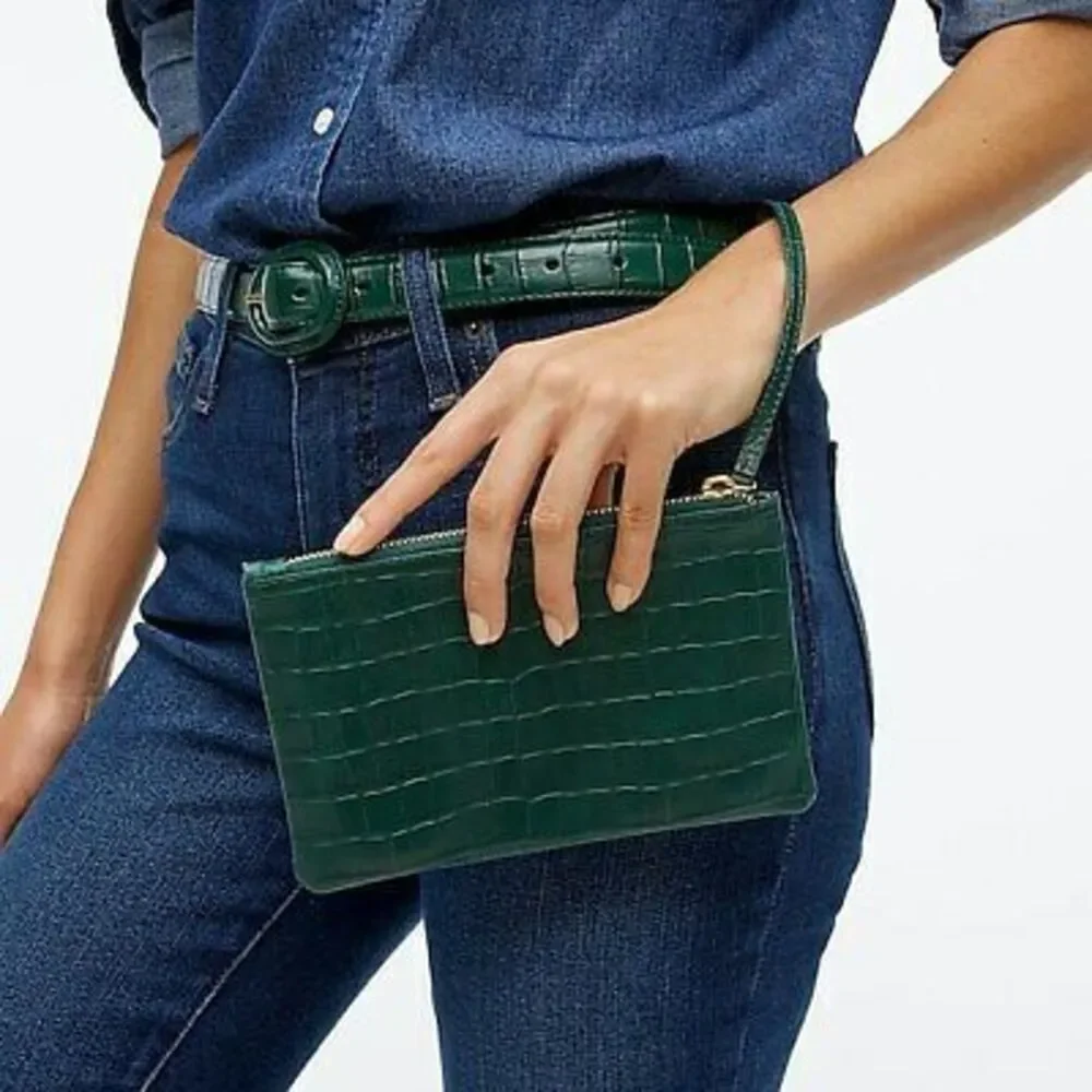 J. Crew Crocodile Embossed Leather Wristlet Clutch Green NWT